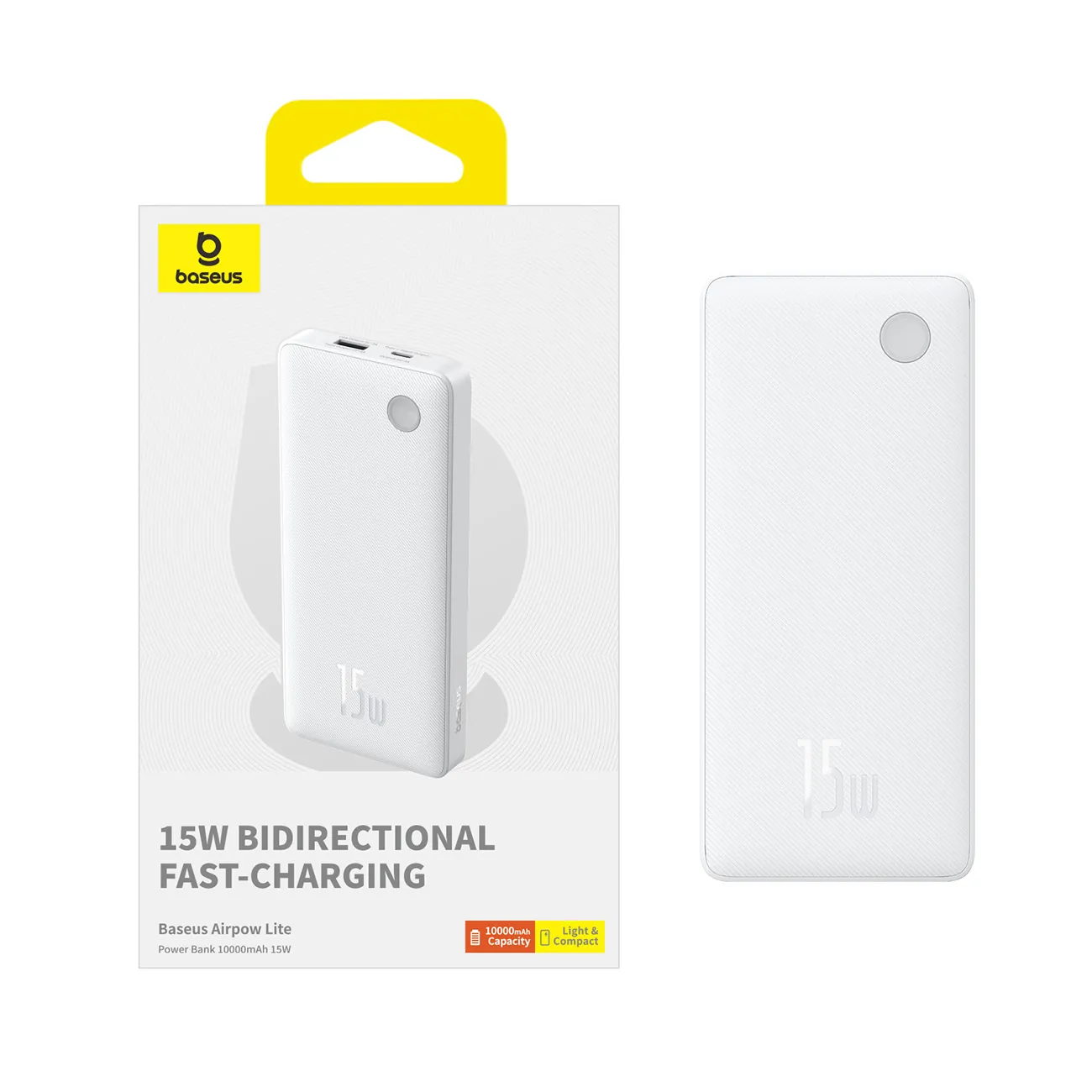 Baseus Airpow Lite | Powerbank 10000 mAh 15W med USB-A til USB-C-kabel 30 cm – Hvit – bilde 3
