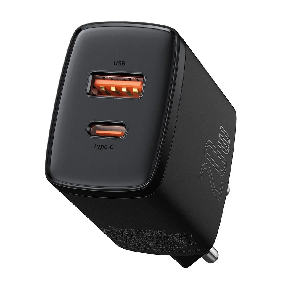 Baseus Compact | Vegglader USB-A og USB-C 20W PD QC 3.0 – Svart – bilde 2