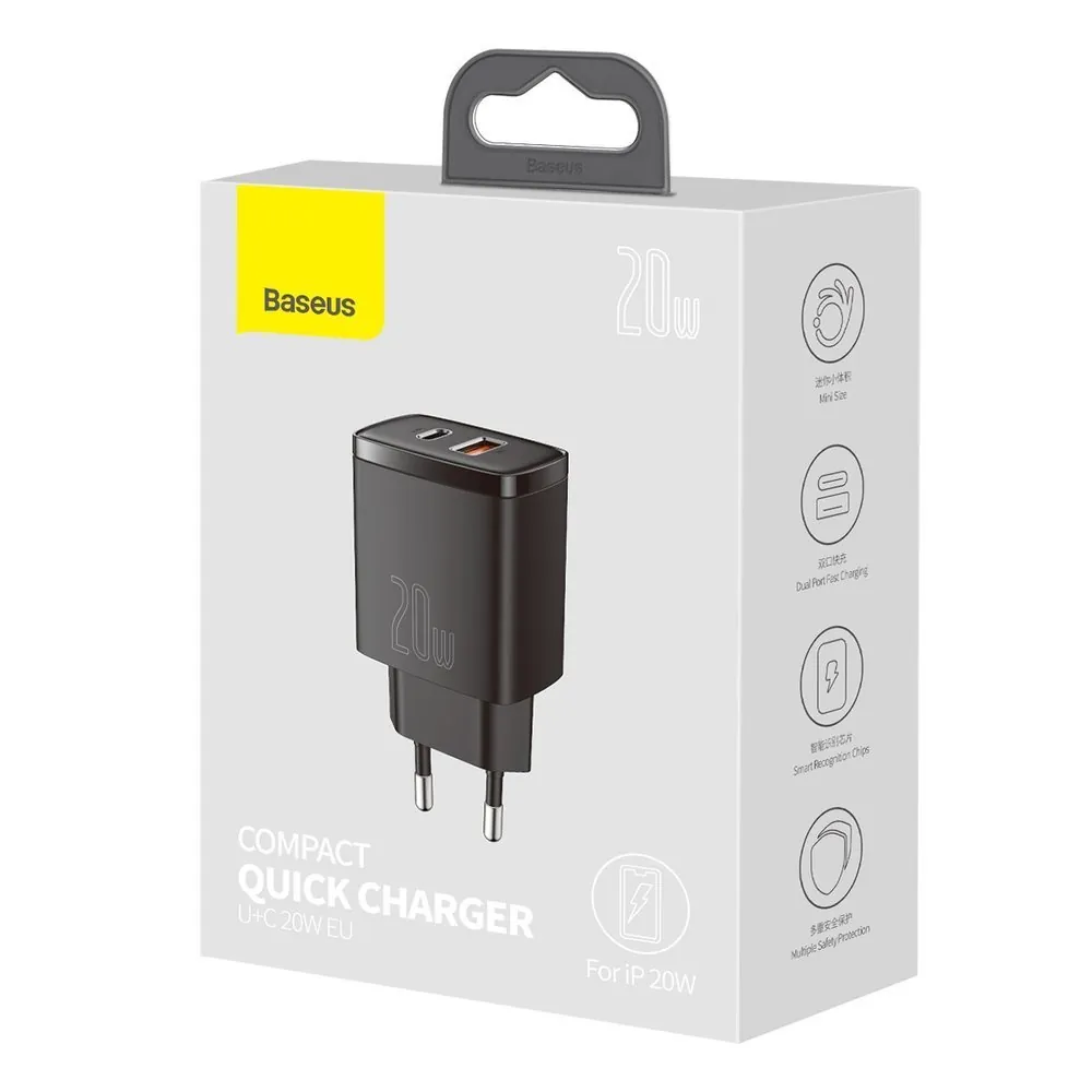 Baseus Compact | Vegglader USB-A og USB-C 20W PD QC 3.0 – Svart – bilde 8