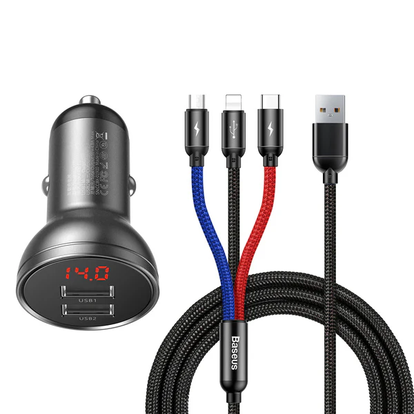 Baseus Digital Display | Rask bilader med LCD og 2xUSB 4.8A 24W + 3-i-1 kabel