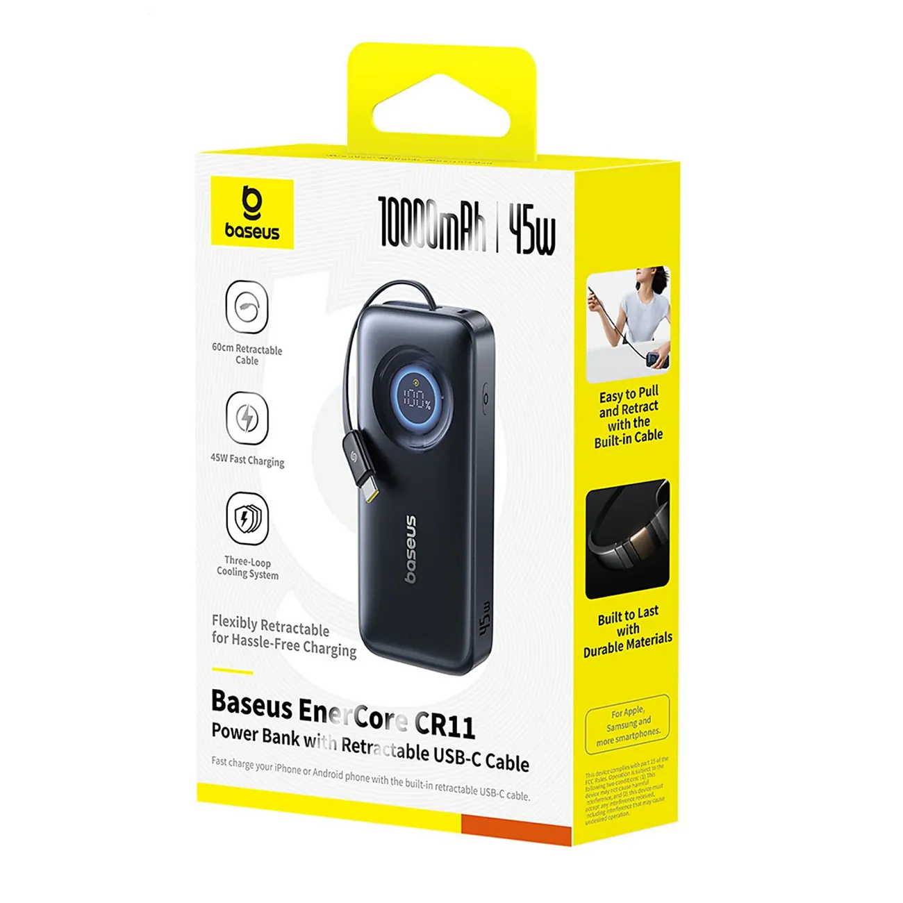 Baseus EnerCore CR11 | Powerbank 10000 mAh 45W med opprullbar USB-C-kabel – Svart – bilde 5