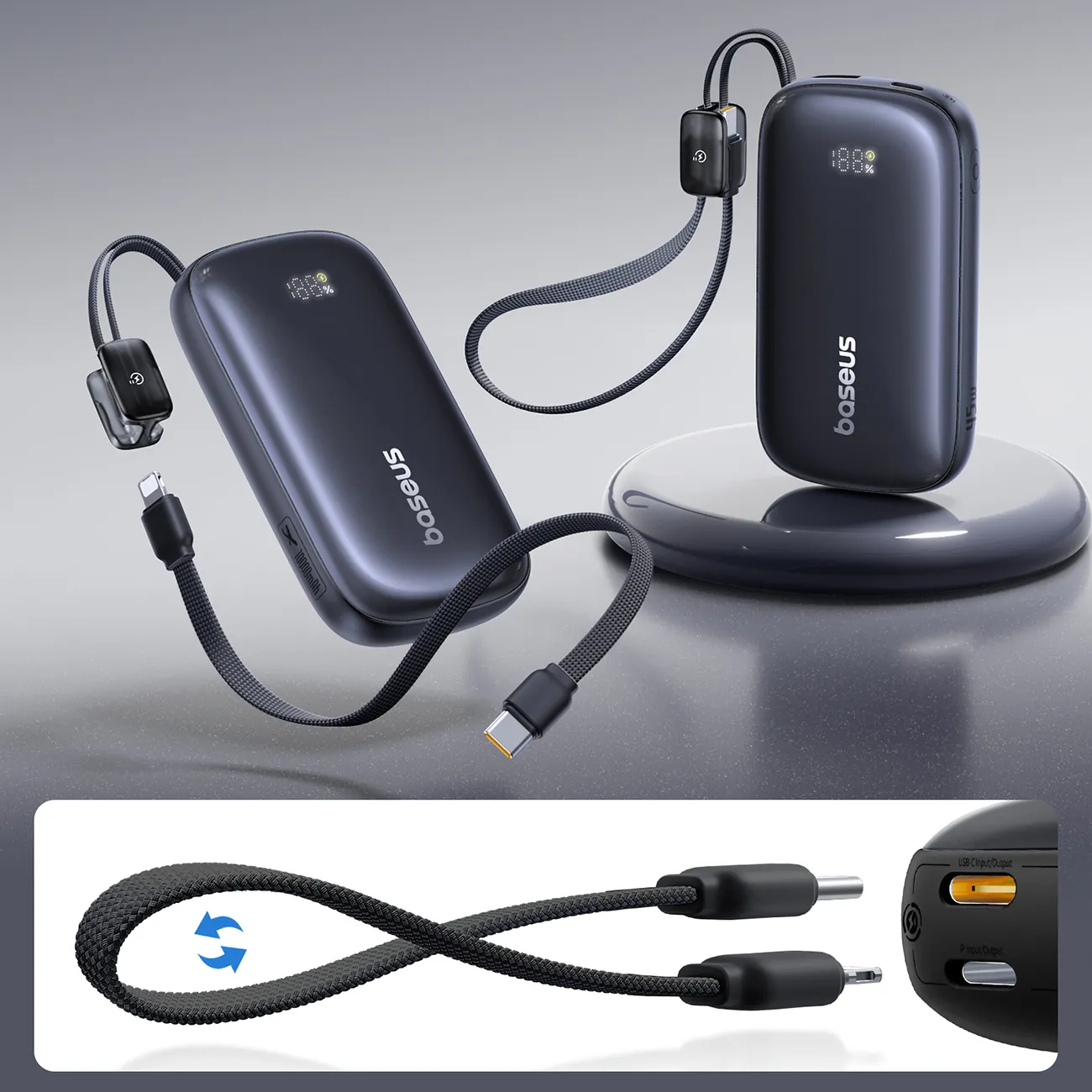 Baseus EnerFill FC21 Qpow 3 Ultra | Powerbank 10000 mAh 45W med kabel-stropp – Svart – bilde 5