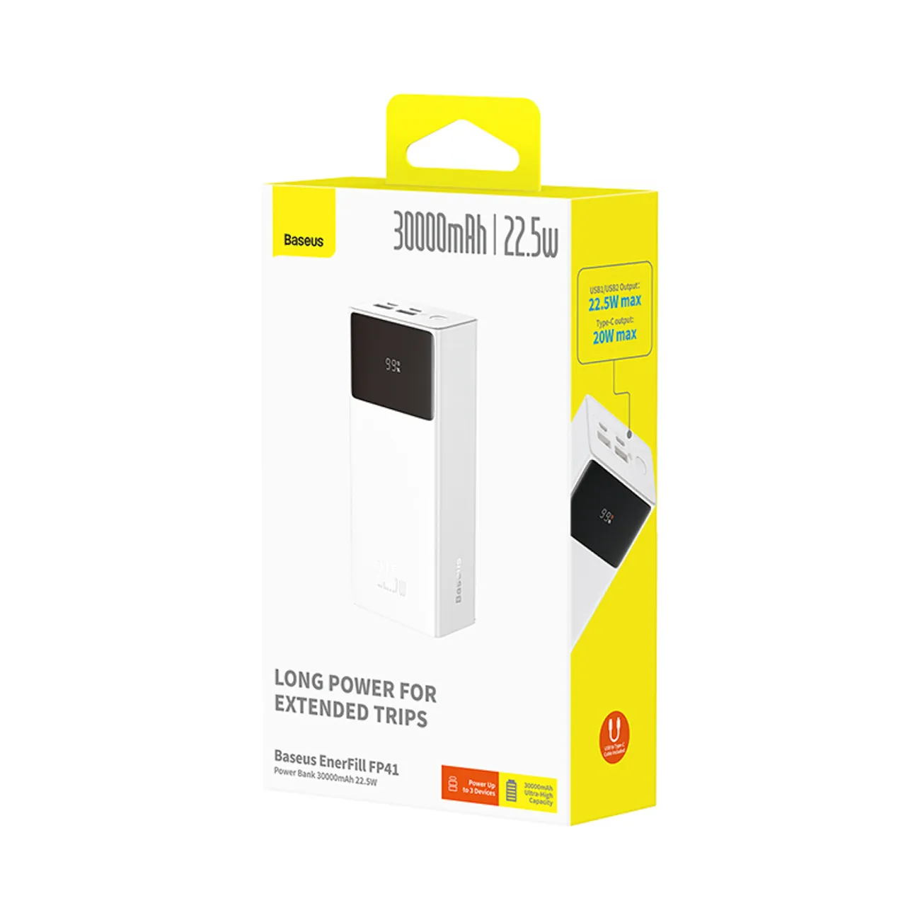 Baseus EnerFill FP41 | Powerbank 30000 mAh 22,5W med USB-A til USB-C-kabel 30 cm – Hvit – bilde 7