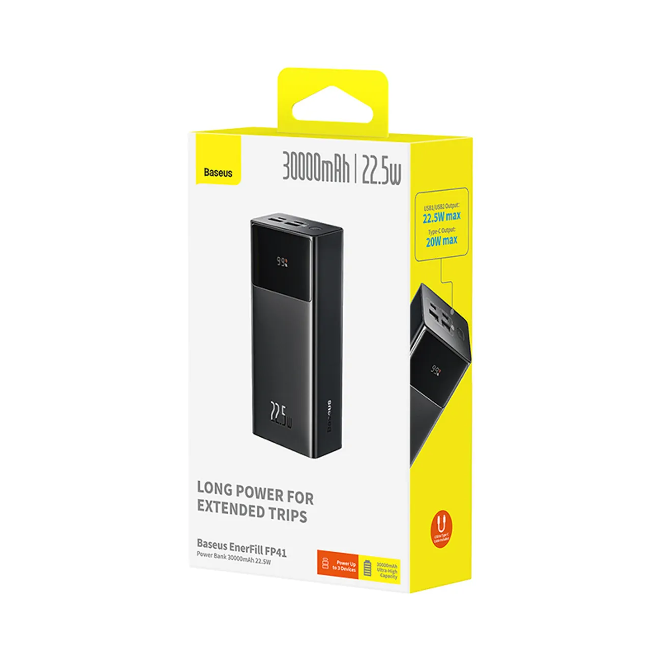 Baseus EnerFill FP41 | Powerbank 30000 mAh 22,5W med USB-A til USB-C-kabel 30 cm – Svart – bilde 4