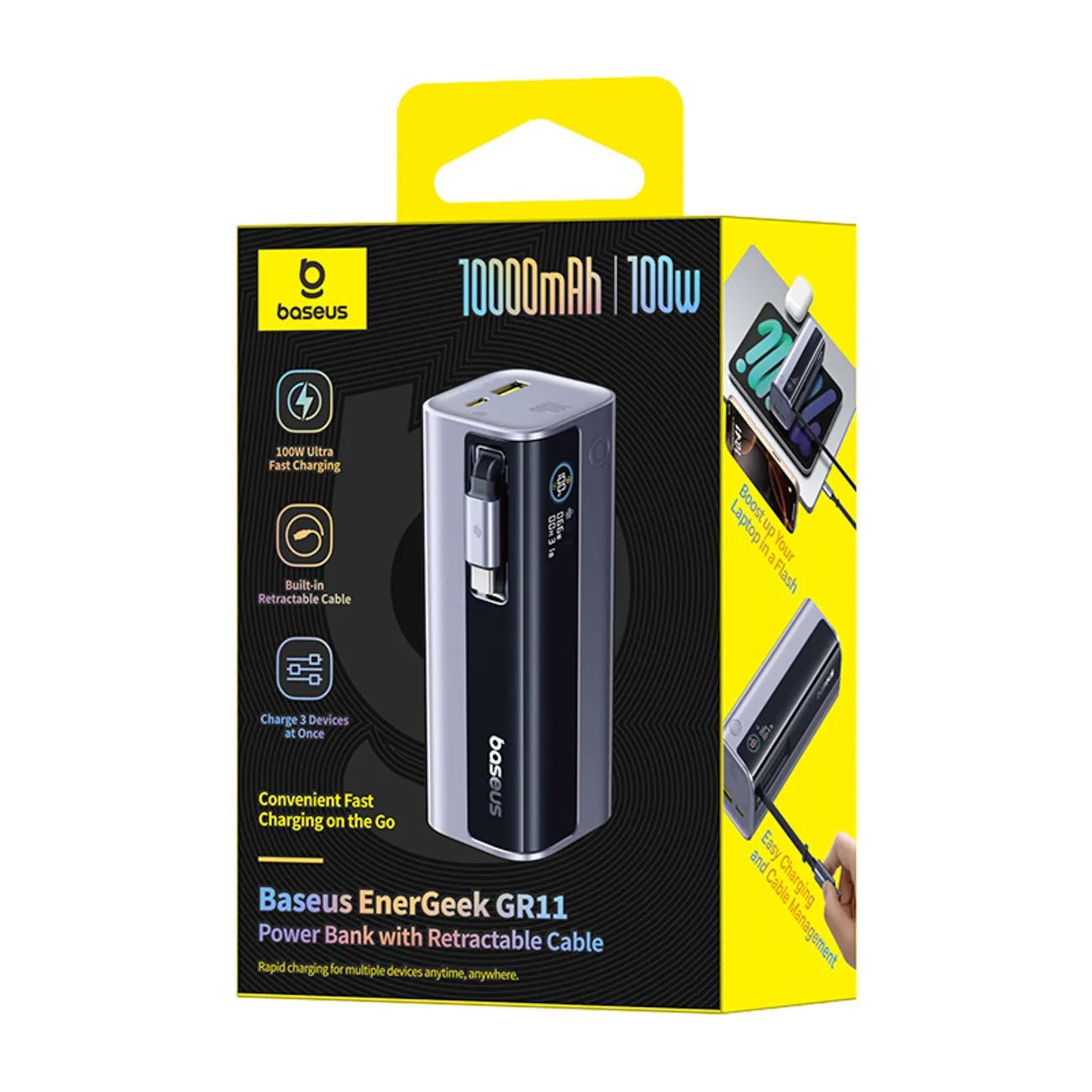 Baseus EnerGeek GR11 | Powerbank 10000 mAh 100W med opprullbar kabel – Grå – bilde 4