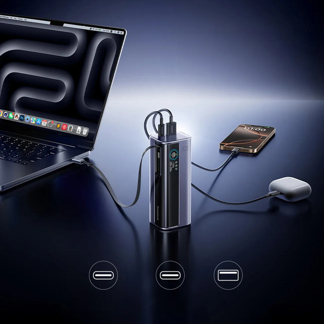 Baseus EnerGeek GR11 | Powerbank 10000 mAh 100W med opprullbar kabel – Grå – bilde 7