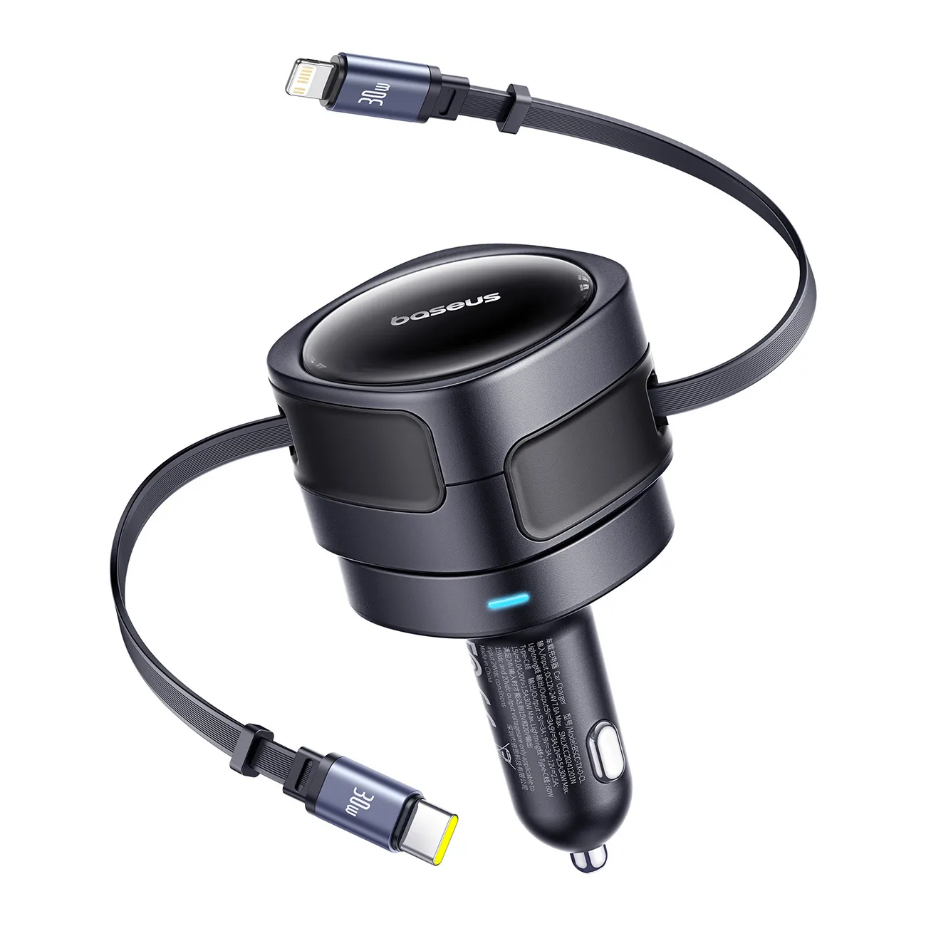 Baseus Enjoyment Max | Billader 60W med opprullbare USB-C- og Lightning-kabler – Svart
