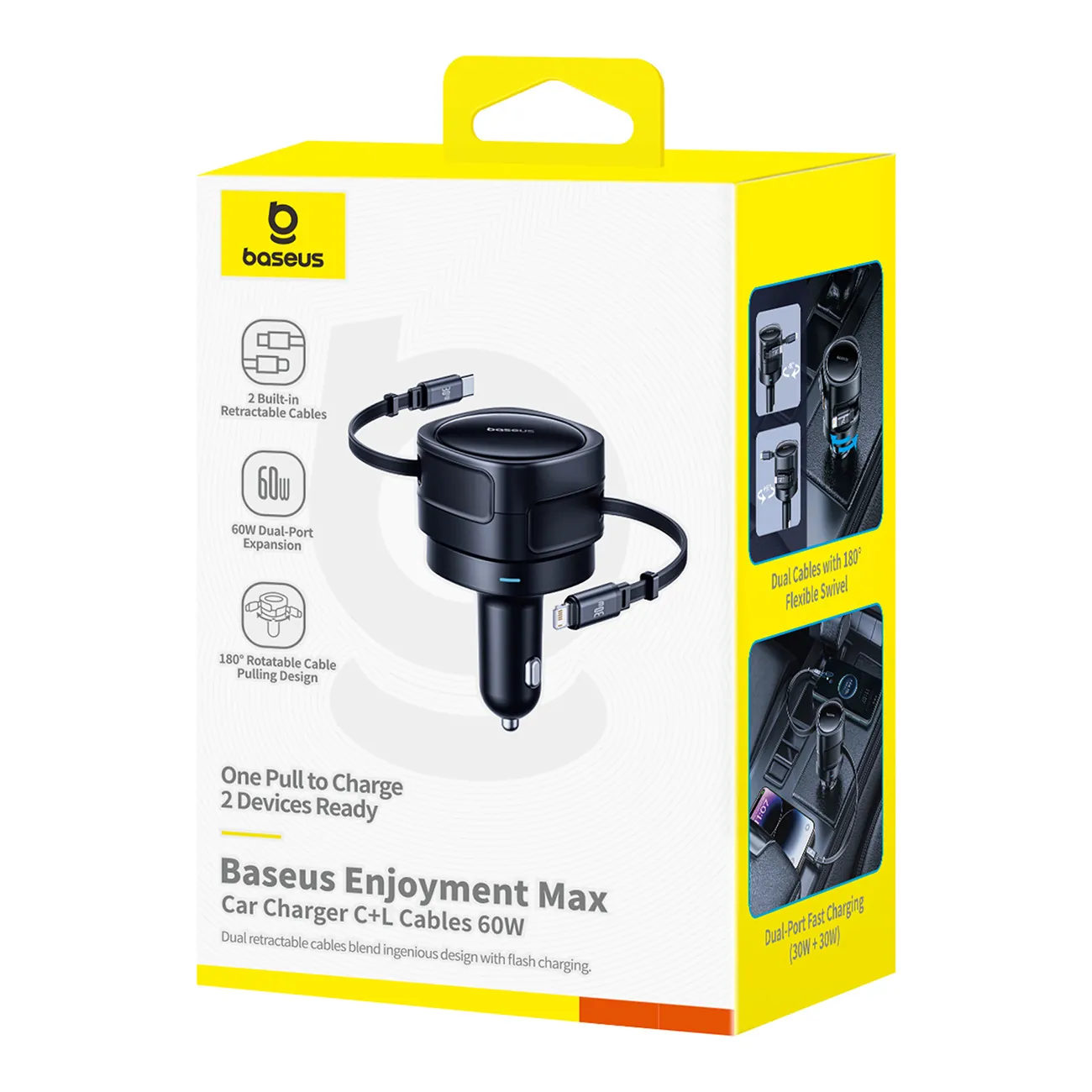 Baseus Enjoyment Max | Billader 60W med opprullbare USB-C- og Lightning-kabler – Svart – bilde 4