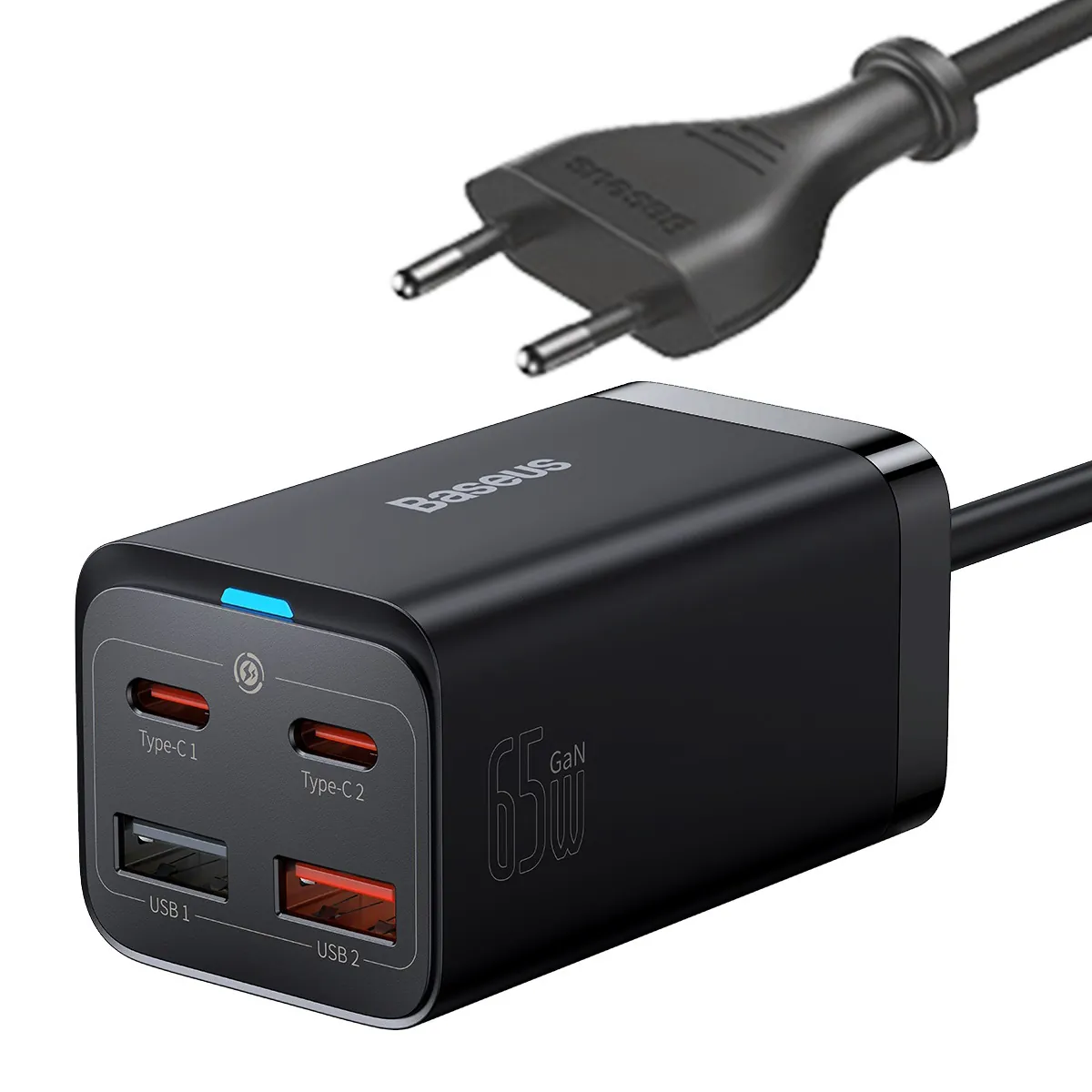 Baseus GaN3 Pro | Vegglader GaN 65W 2x USB-C + 2x USB-A med USB-C-kabel 1 m – Svart