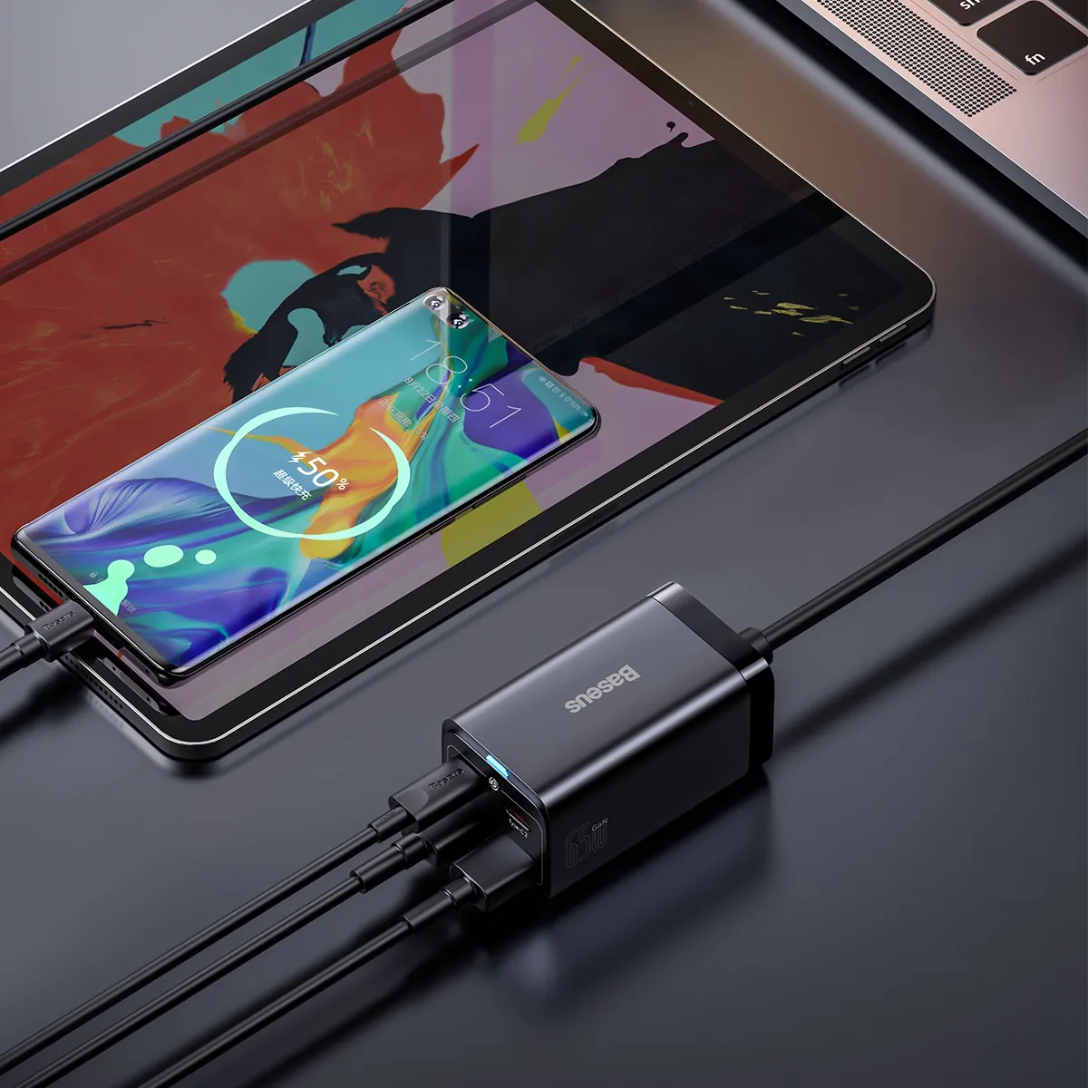 Baseus GaN3 Pro | Vegglader GaN 65W 2x USB-C + 2x USB-A med USB-C-kabel 1 m – Svart – bilde 5