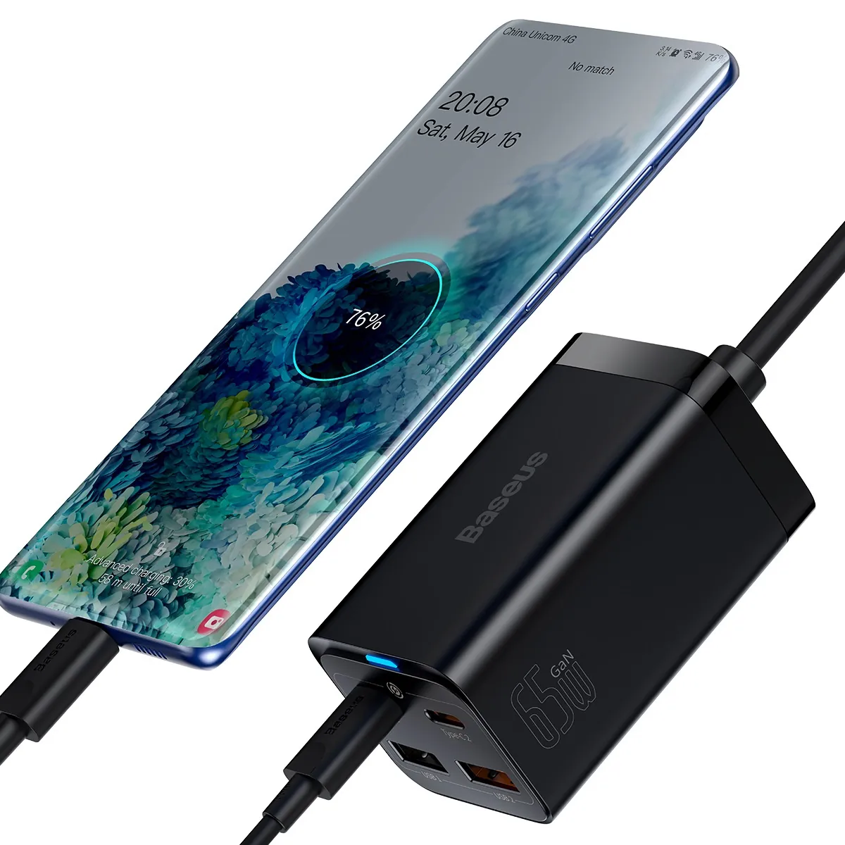 Baseus GaN3 Pro | Vegglader GaN 65W 2x USB-C + 2x USB-A med USB-C-kabel 1 m – Svart – bilde 6
