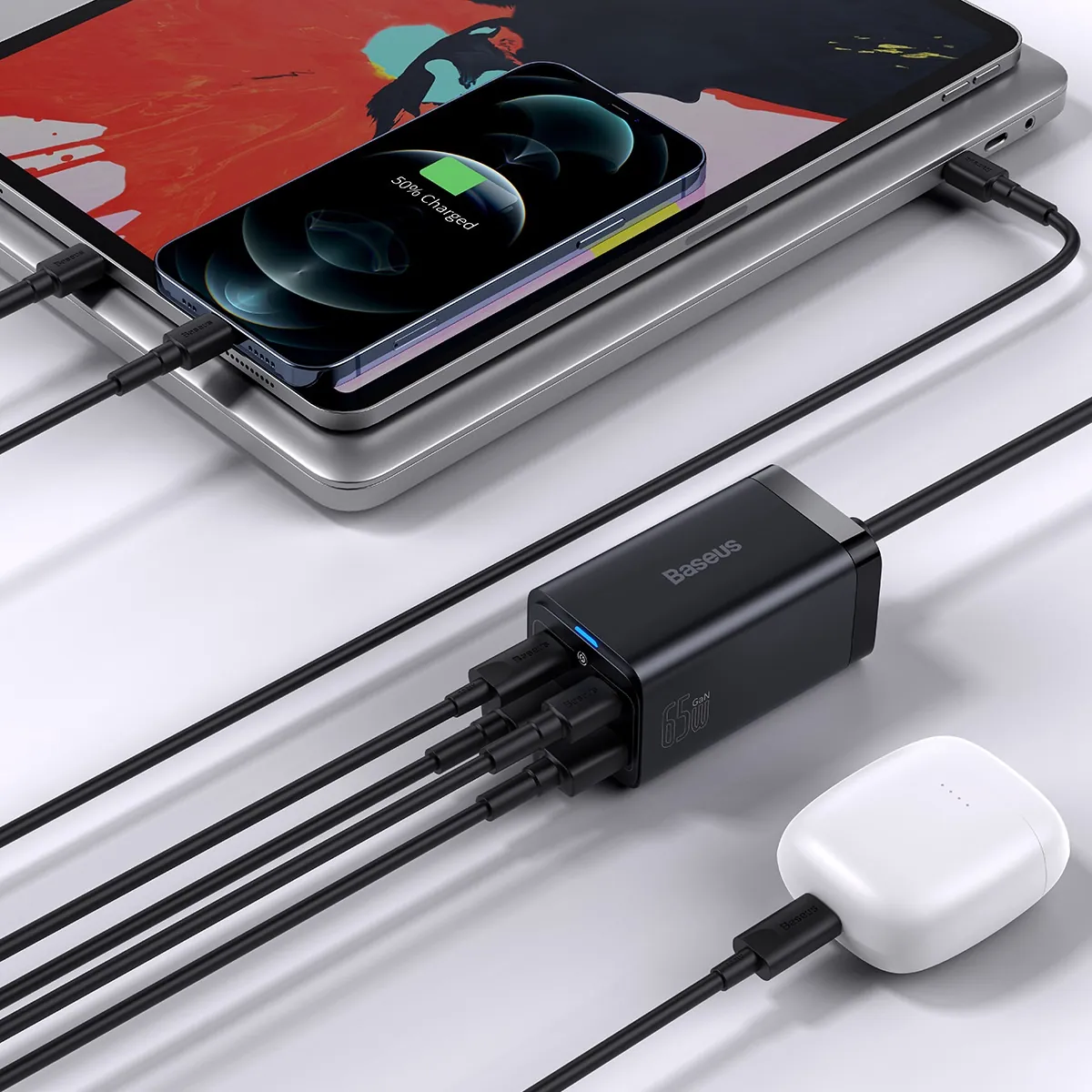 Baseus GaN3 Pro | Vegglader GaN 65W 2x USB-C + 2x USB-A med USB-C-kabel 1 m – Svart – bilde 7
