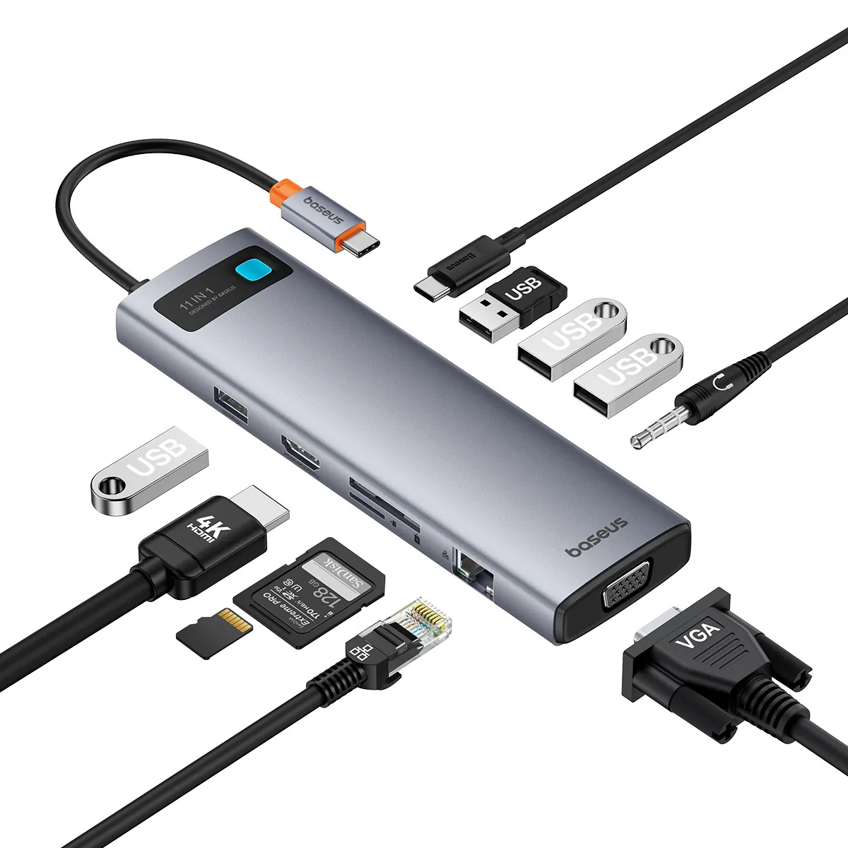 Baseus Metal Gleam Series | USB-C-hub 11-i-1 med HDMI, VGA, RJ45 og kortleser – Grå