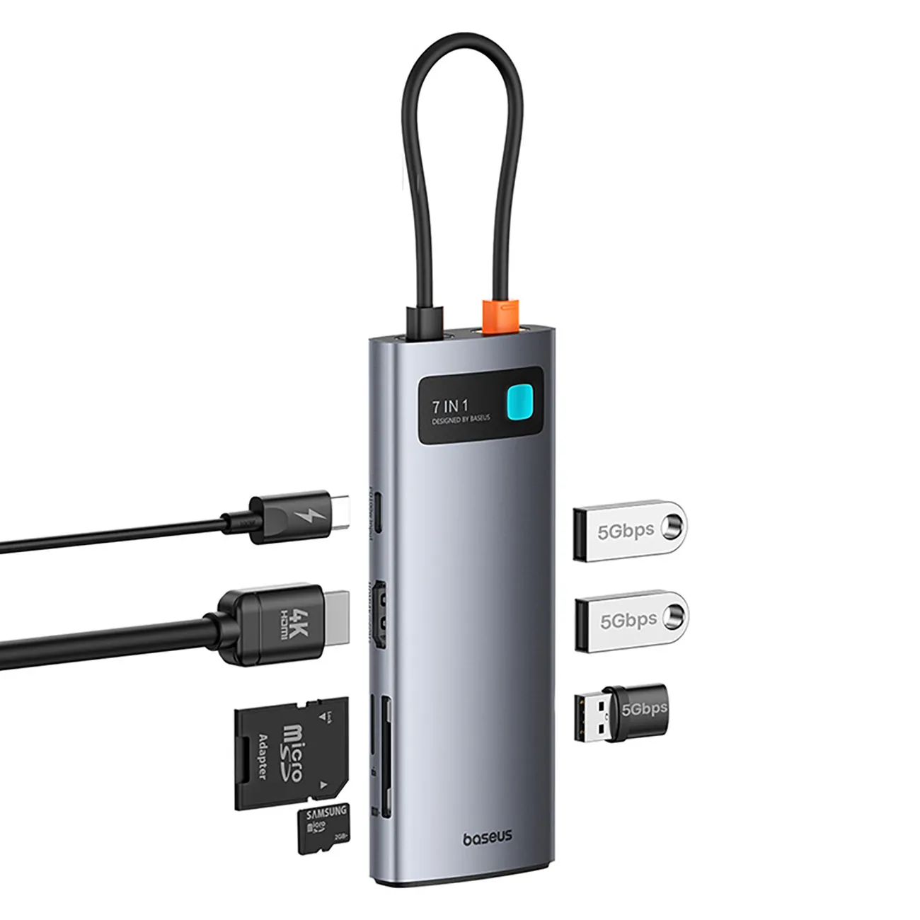 Baseus Metal Gleam | USB-C-hub 7-i-1 HDMI 4K 60 Hz / 3x USB 3.0 / PD / SD – Grå – bilde 5