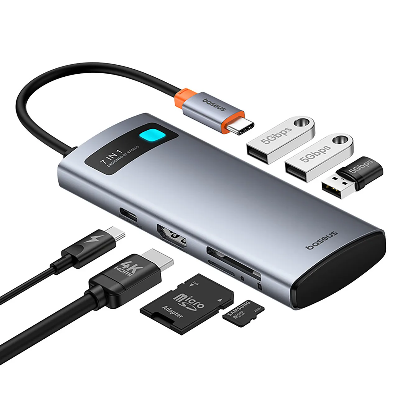Baseus Metal Gleam | USB-C-hub 7-i-1 HDMI 4K 60 Hz / 3x USB 3.0 / PD / SD – Grå – bilde 6