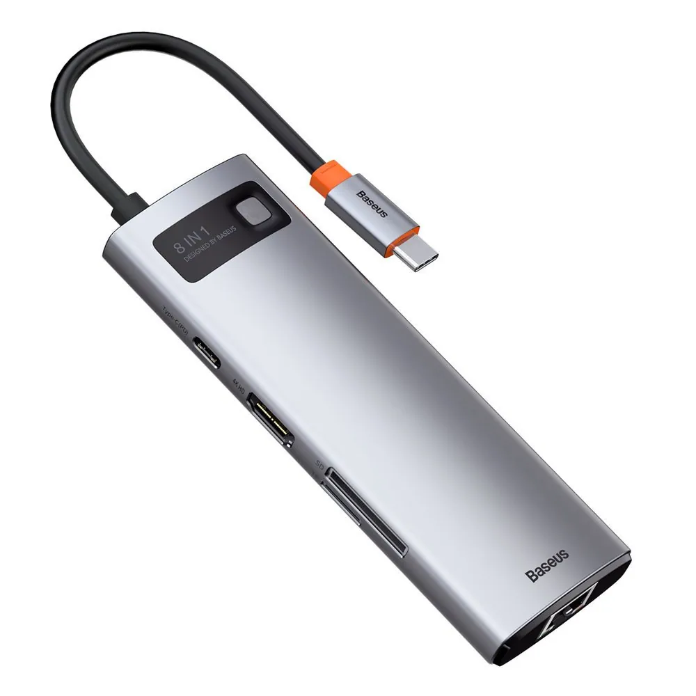 Baseus Metal Gleam | USB-C-hub 8-i-1 med PD 100W, HDMI 4K og RJ45 – Grå