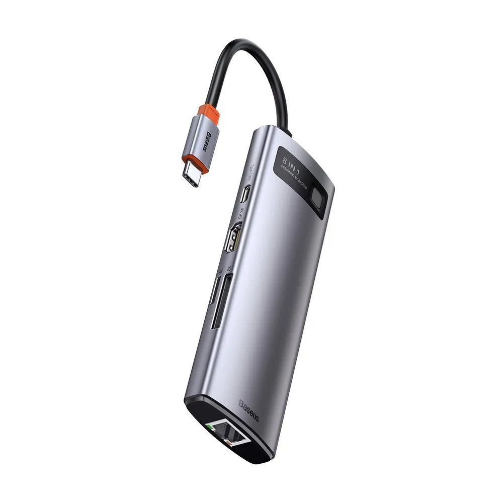 Baseus Metal Gleam | USB-C-hub 8-i-1 med PD 100W, HDMI 4K og RJ45 – Grå – bilde 6