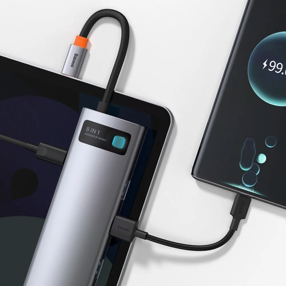 Baseus Metal Gleam | USB-C-hub 8-i-1 med PD 100W, HDMI 4K og RJ45 – Grå – bilde 7