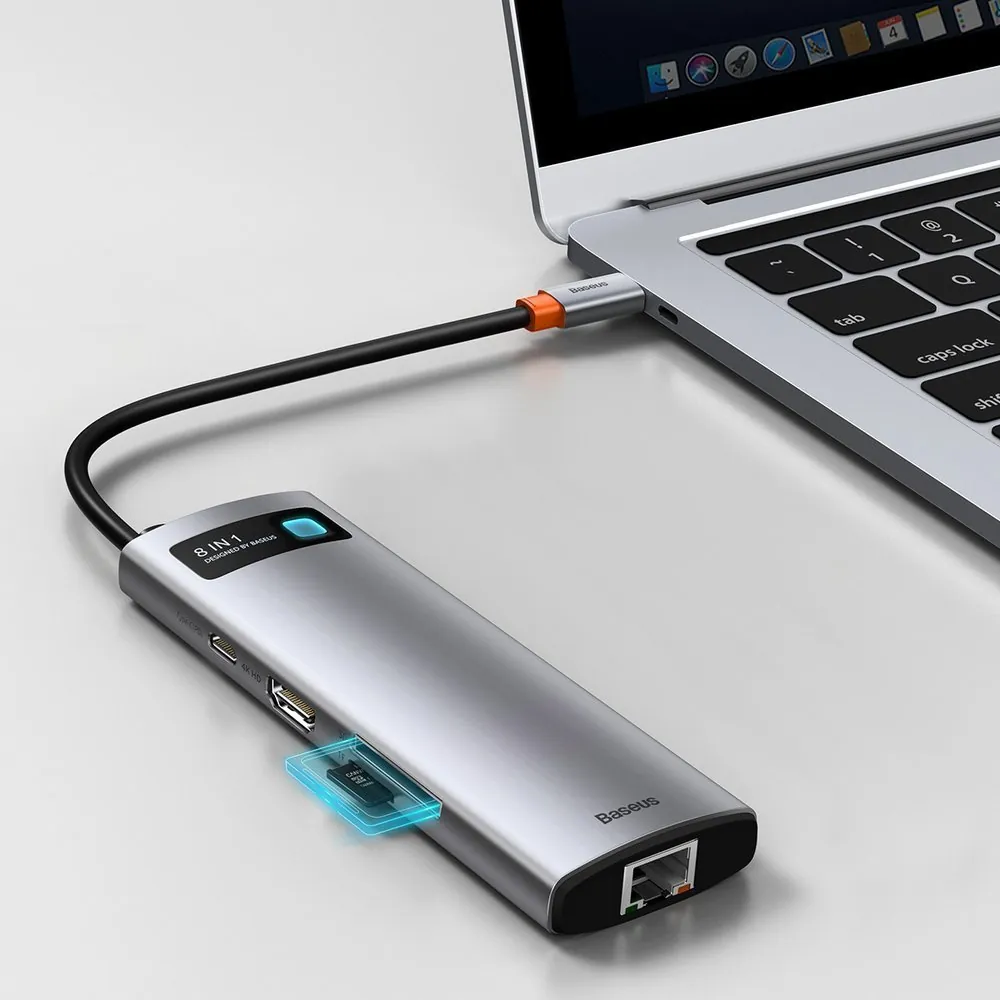 Baseus Metal Gleam | USB-C-hub 8-i-1 med PD 100W, HDMI 4K og RJ45 – Grå – bilde 8