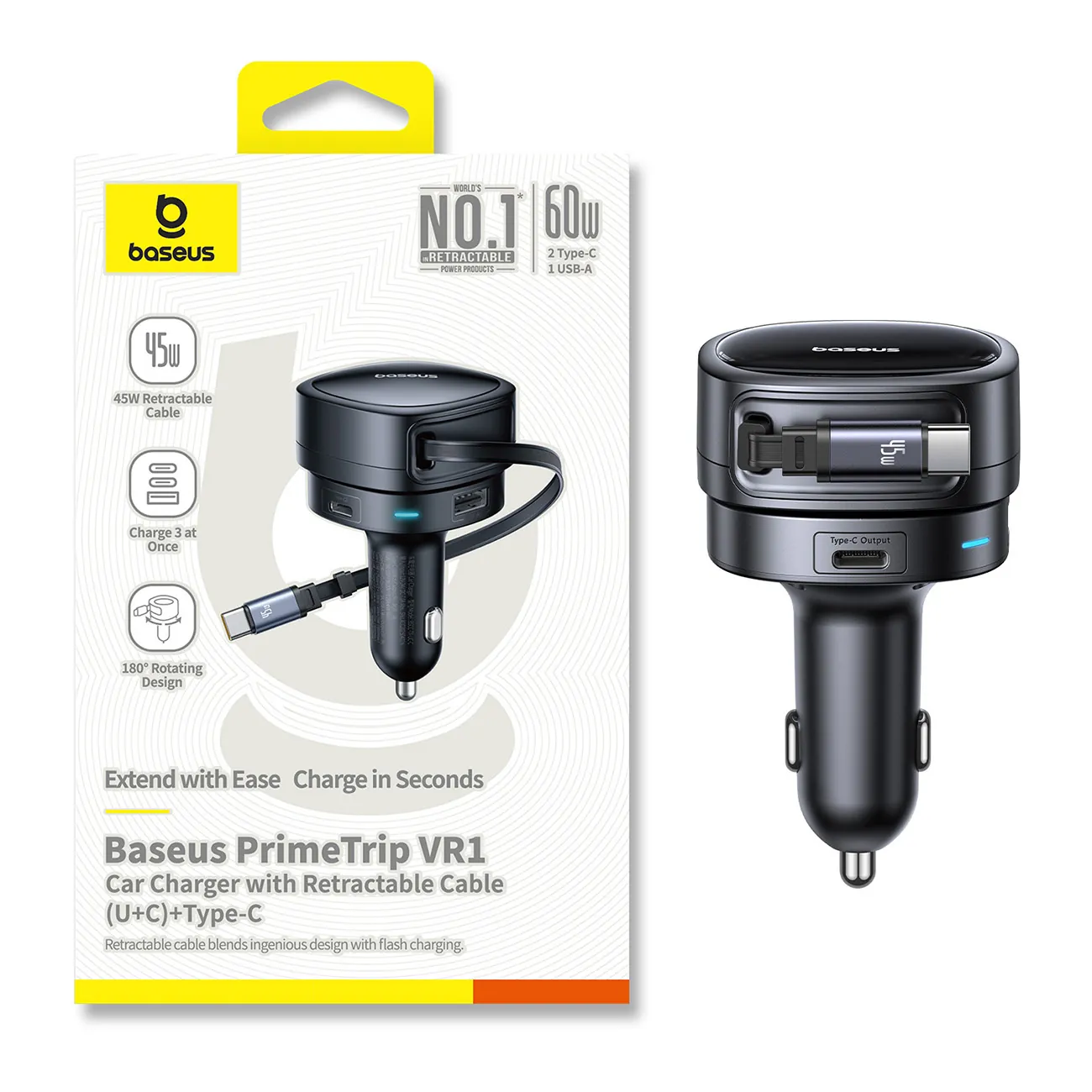 Baseus PrimeTrip VR1 | Billader 60W USB-A og USB-C med opprullbar USB-C-kabel – Svart – bilde 2