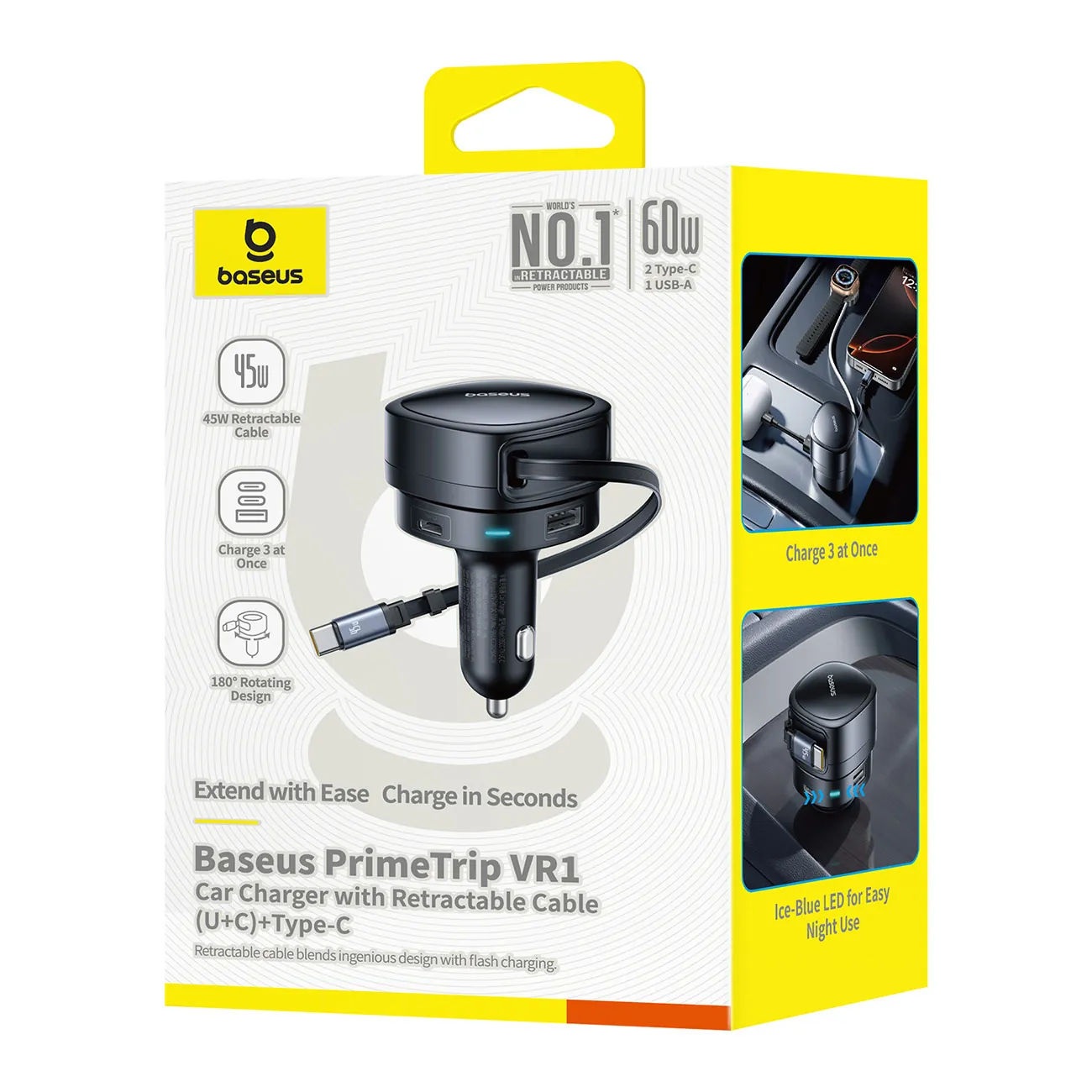 Baseus PrimeTrip VR1 | Billader 60W USB-A og USB-C med opprullbar USB-C-kabel – Svart – bilde 3