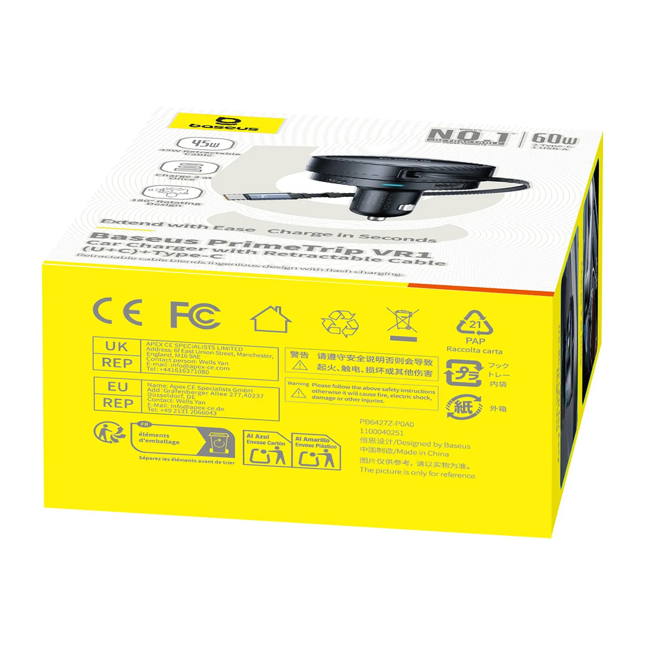 Baseus PrimeTrip VR1 | Billader 60W USB-A og USB-C med opprullbar USB-C-kabel – Svart – bilde 6