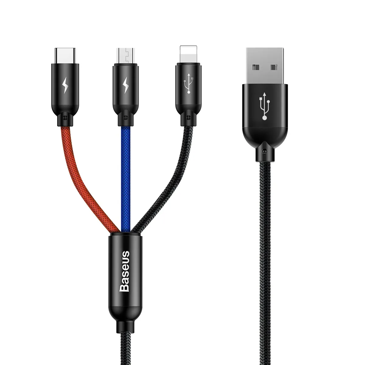 Baseus Three Primary Colors | 3-i-1 kabel USB-A til Micro-USB / Lightning / USB-C 3,5A 0,3 m – Svart