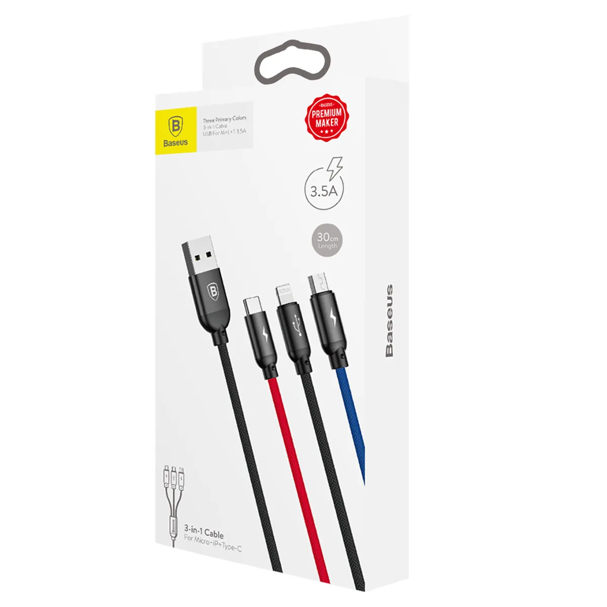 Baseus Three Primary Colors | 3-i-1 kabel USB-A til Micro-USB / Lightning / USB-C 3,5A 0,3 m – Svart – bilde 2