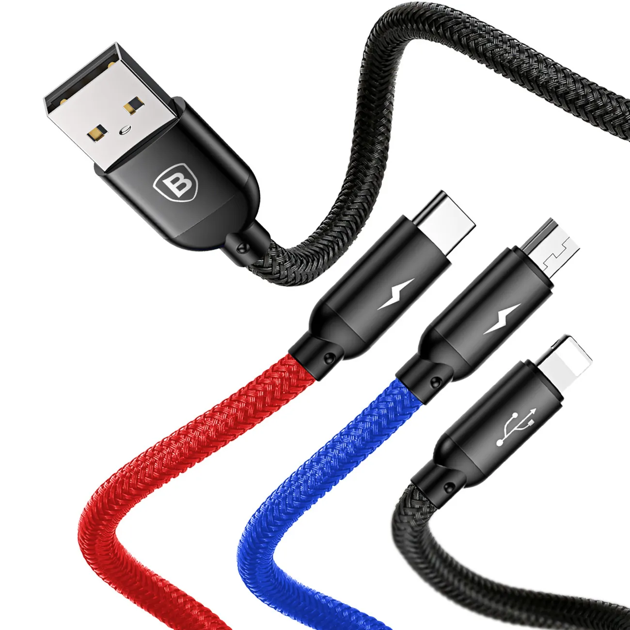 Baseus Three Primary Colors | 3-i-1 kabel USB-A til Micro-USB / Lightning / USB-C 3,5A 0,3 m – Svart – bilde 6