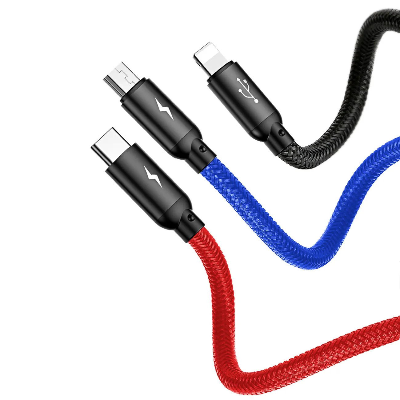 Baseus Three Primary Colors | 3-i-1 kabel USB-A til Micro-USB / Lightning / USB-C 3,5A 0,3 m – Svart – bilde 7