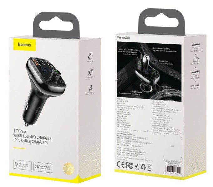 Baseus T typed PPS | FM-sender med Bluetooth MP3 bilader 2x USB + USB-C QC 3.0 PD 3.0 Huawei SCP 5A CCMT000101