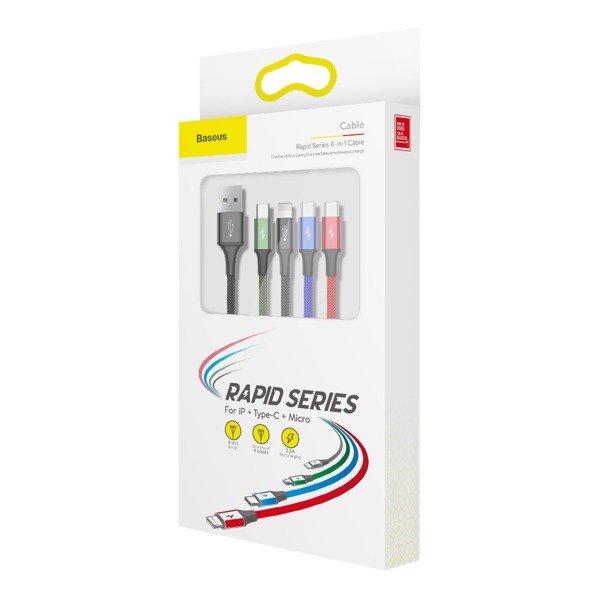 Baseus Fast 4-in-1 | Sterk 4-i-1 USB-kabel for Lightning (iPhone) + Micro + 2x Type-C 3.5A 1.2m