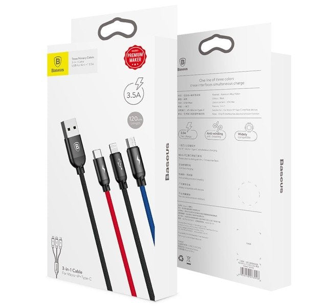 Baseus Primary | 3-i-1 USB til Lightning iPhone Micro Type-C 3,5A 120cm-kabel