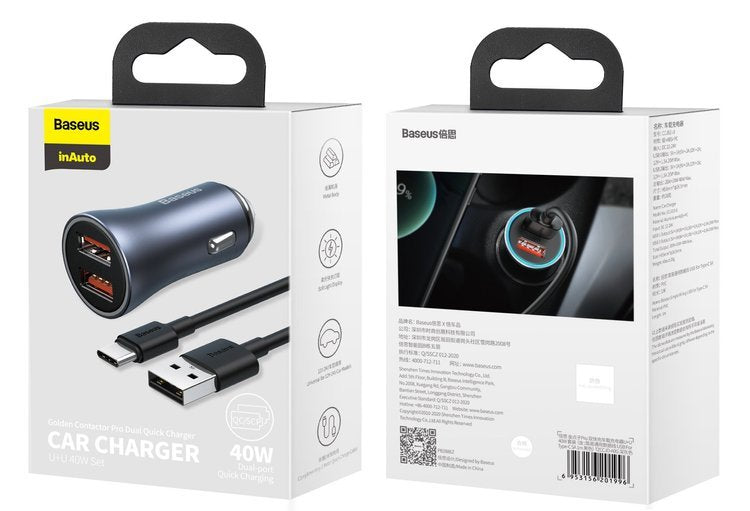 Baseus Golden Pro | Car charger 2xUSB Huawei 5A QC 3.0 AFC (Samsung) 40W + USB-A - USB-C cable 1m