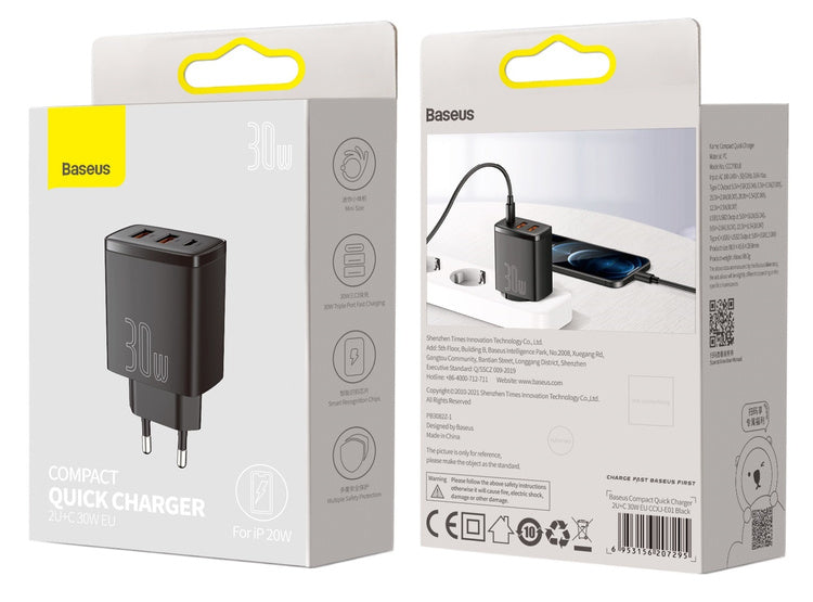 Baseus Compact 2U+C | Vegglader USB-C, 2x USB-A 30W PD QC3.0