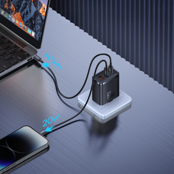 Baseus GaN5 Cube Pro | Veggladeradapter, 3x USB-C USB-A 65W Power Delivery 3.0 QC 3.0 Huawei SCP FCP AFC PPS