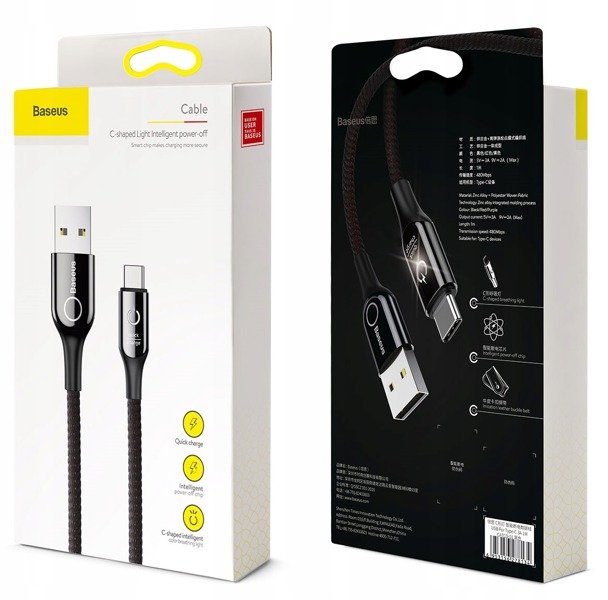 Baseus C-Shaped Light | LED USB til Type-C Quick Charge 3.0 3A 100cm-kabel EOL