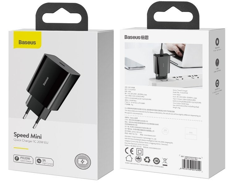 Baseus Speed Min White | Vegglader USB-C 20W Power Delivery QC 3.0 Svart