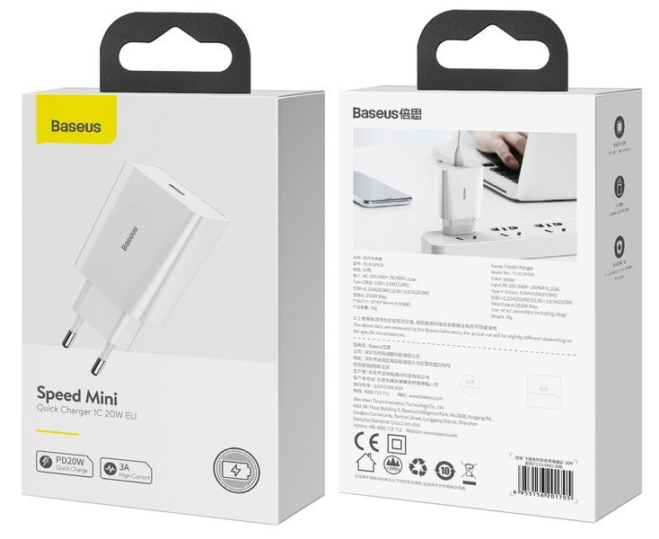 Baseus Speed Mini White | Vegglader USB-C 20W Power Delivery QC 3.0 Hvit